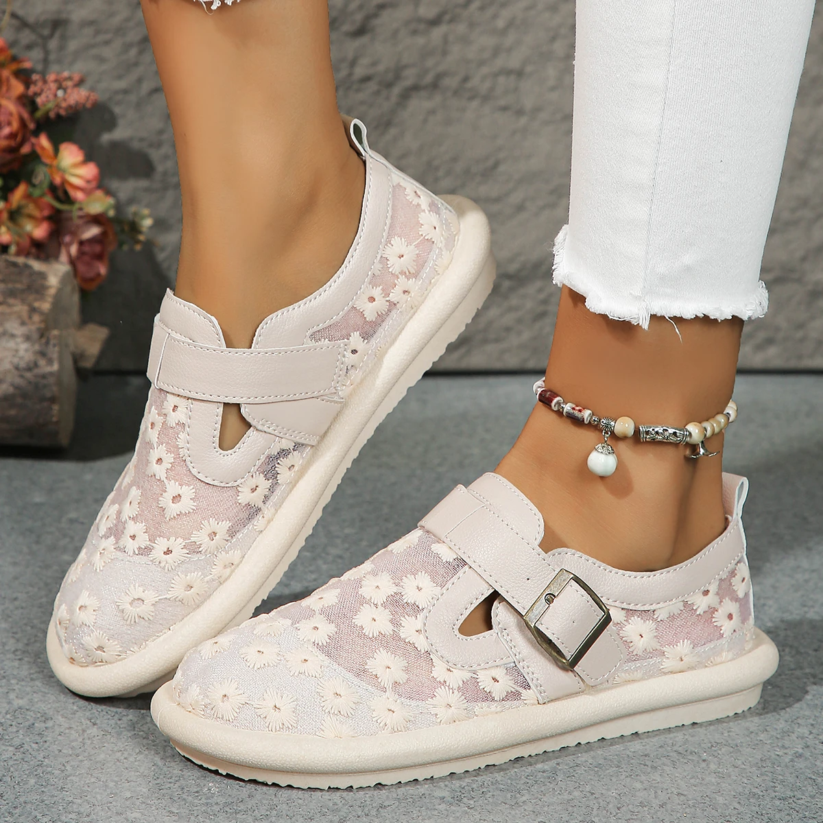 Women Sneakers 2024 Summer Fashion Casual Women Flat Shoes Buckle Latch Mesh Breathable Comfort Tennis Women Covered Toe Shoes