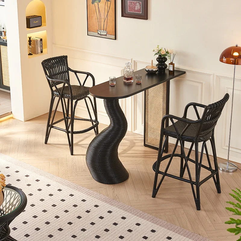 

French solid wood rattan counter modern simple home high stool against the wall cafe bar bar chair combination