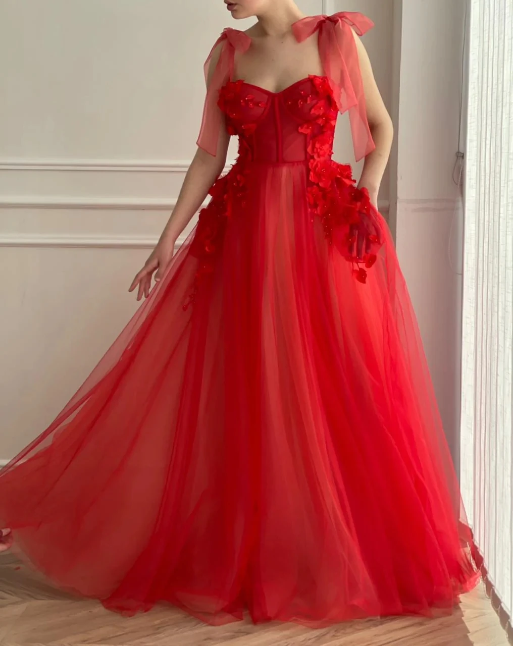 Vestidos de Noche marroquíes rojos, línea A, tirantes finos, tul, flores, perlas, largo, Turquía, Dubai, Arabia Saudita, vestidos de fiesta