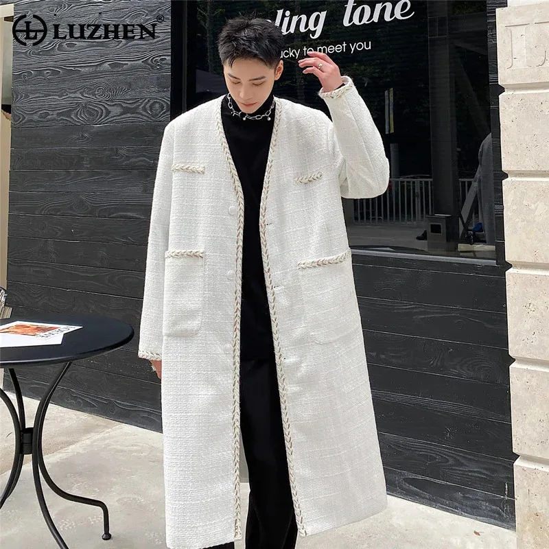 

LUZHEN 2024 Stylish Elegant Long Coat Cardigan Loose Splicing Edge Tweed Fleece Men's Trendy Design Casual Windbreaker LZ5367