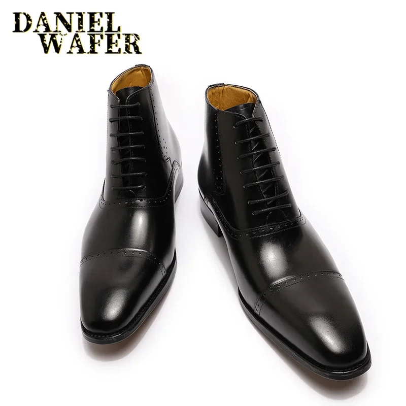 Botines de moda para hombre, vestido Formal, zapatos de cuero, estilo vaquero occidental, con cordones, botas informales marrones/negras para hombre