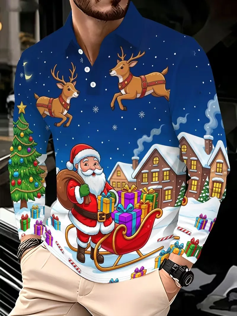 2026 Autumn/Winter Christmas New Men's Fashion Trendy Long Sleeve POIO Shirt, Collar with Button Christmas Print POIO Top