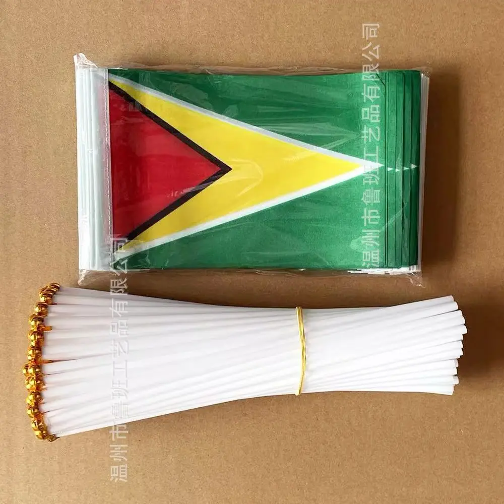 （TIKI FLAG）Guyana hand flag 14x21cm Polyester Fade-Resistance Guyana Hand Waving Flag with Plastic Flagpole for Events