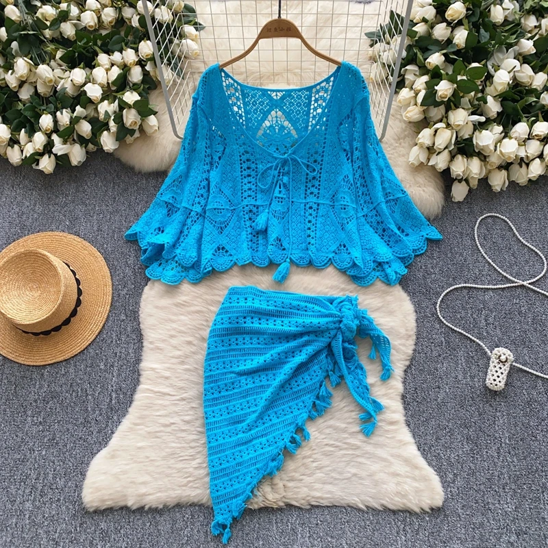 

Beach Vacation Outfit for Women Hollow Hook Flower Sweet Loose Cover Shirt+tied Irregular Tassel Skirt