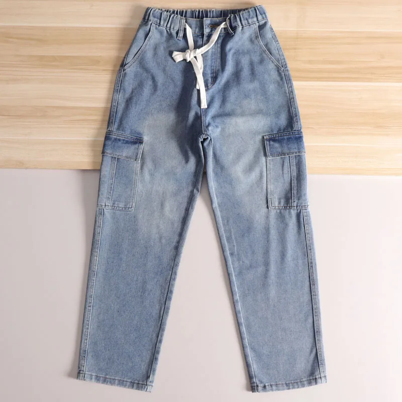 

Свободные прямые мужские джинсы для рабочей одежды, весенние повседневные модные длинные брюки с завязками в американском стиле High Street Sle Multiple kets