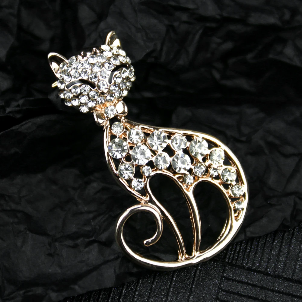 Elegant Cute Animal Cat Zircon Brooch Crystal Rhinestones Fox Badge Women Party Wedding Ornament Anti-glare Pin DIY Jewelry Gift