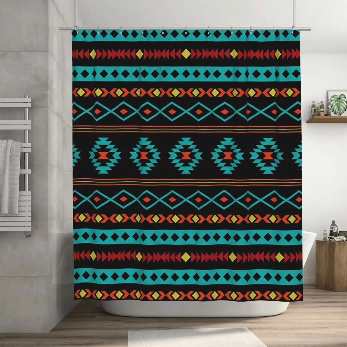 Aztec Teal Reds Yellow Black Mixed Motifs Pattern Shower Curtain Bathroom Polyester Waterproof Bath Curtains with Hooks