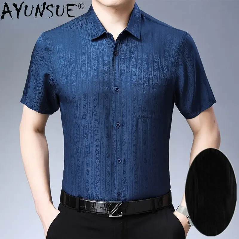 

AYUNSUE 100% Mulberry Real Silk Men's Short Summer Short Sleeve Shirt for Men Loose Casual T Shirt Men's Clothing Chemise Homme