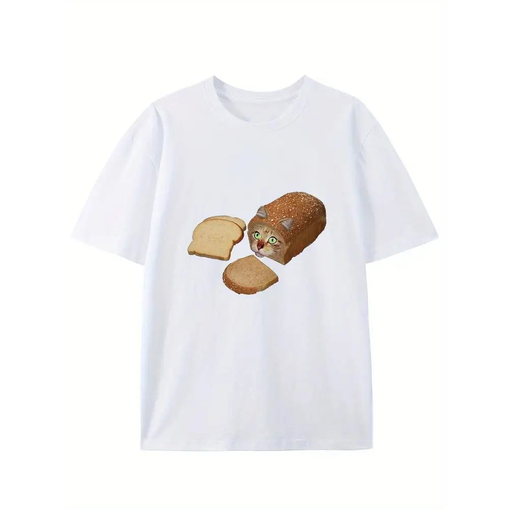 Men's Cat Bread Print Short Sleeve Soft Cotton Round Neck Casual Summer Daily Wear Cute Design Graphic Fashion Streetwear