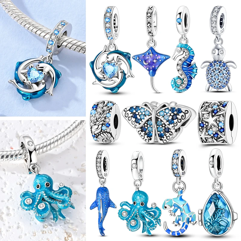 Potdemiel 925 pure silver blue pendant - whale, shark, turtle, dolphin, seahorse, string style - original bracelet accessory
