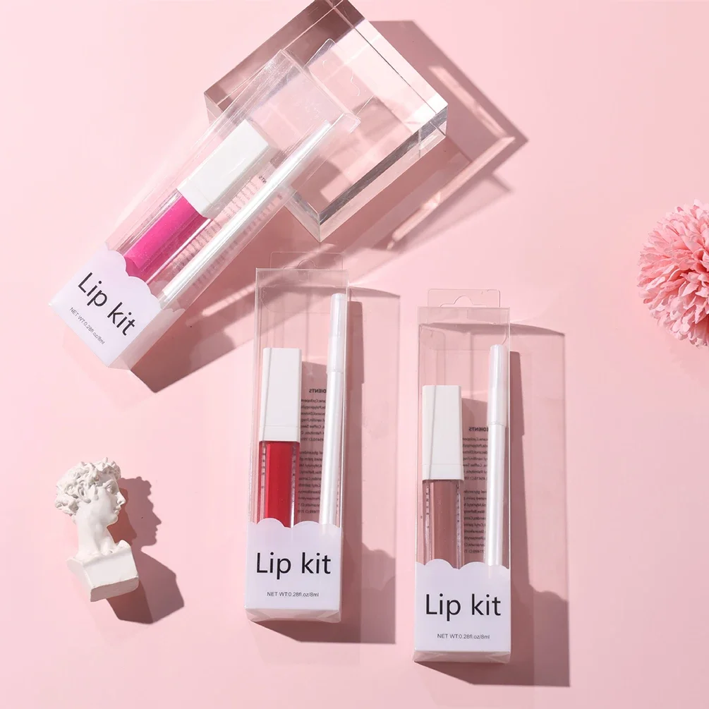 

Private Label Lip Gloss&Lipliner Kit Pigment Long Lasting Non-stick Non-fade Waterproof Custom Logo Makeup Vegan Transparent Box