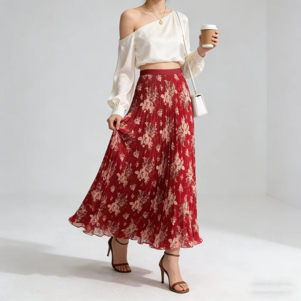 Spring Summer Flower Pleated Long Skirt Women Fashion Elastic High Waist Work Party Dance Beach Skirt Boho Maxi