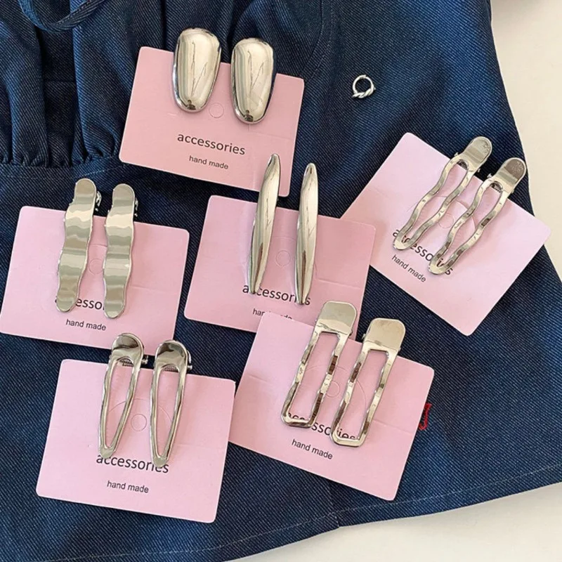 Silver metal hairpin high-end exquisite female hollow wave duck bill clip forehead bangs clip side hairpin headdress