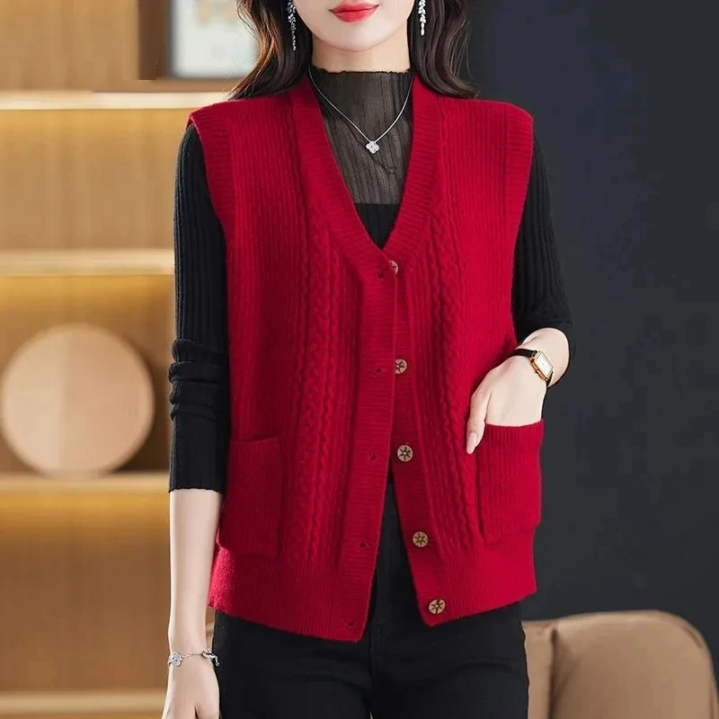 Spring Autumn Sleeveless Loose Women\'s Cardigan Sweater Vest Korean Version Solid Color Ladies Short Knitting Waistcoat Jacket