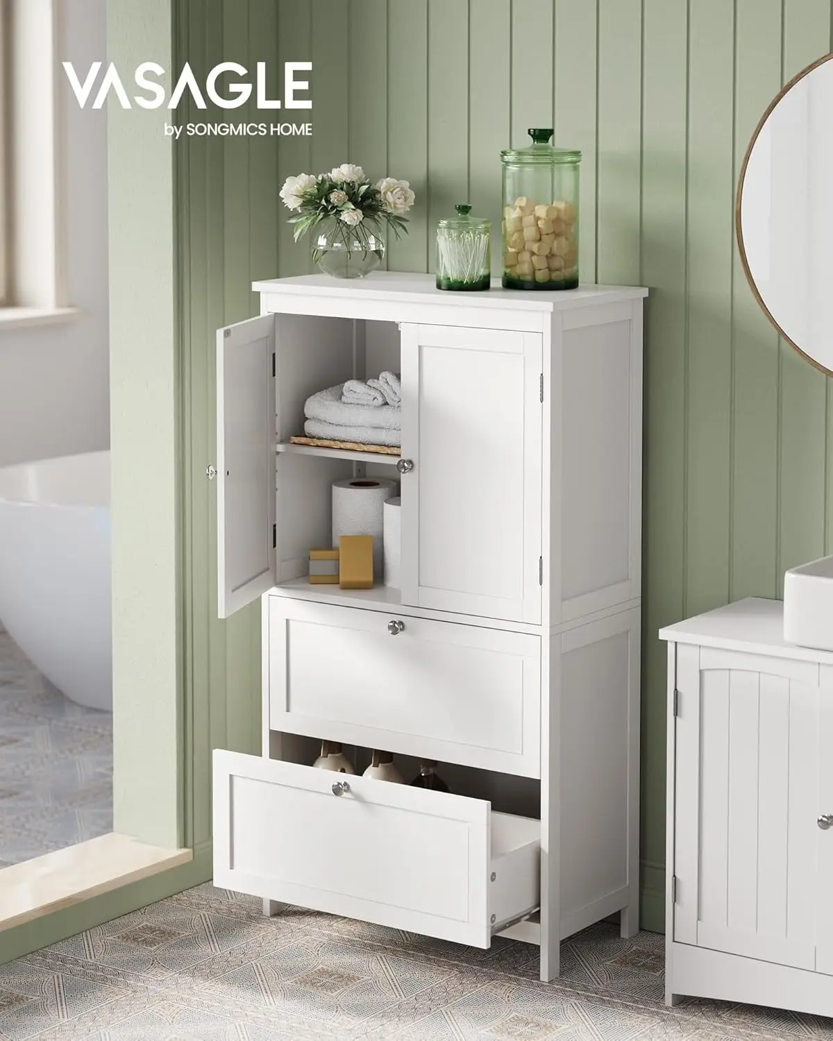 Bathroom Floor Storage Cabinet, Bathroom Storage Unit, Freestanding Cabinet with 2 Drawers and 2 Doors, Adjustable Shelf