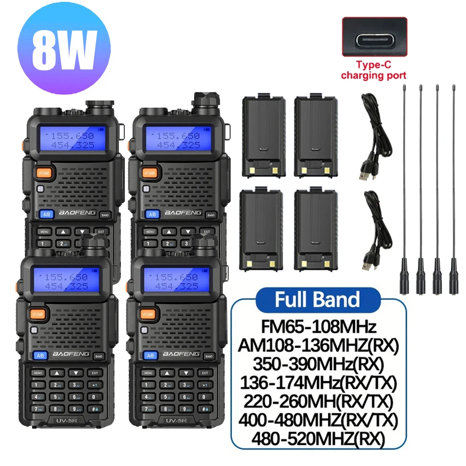 4 Stuks Baofeng UV-5R 8W/5W Tri-Power Walkie Talkie High Power Dual Band Lange Afstand Draagbare Uv 5r Radio