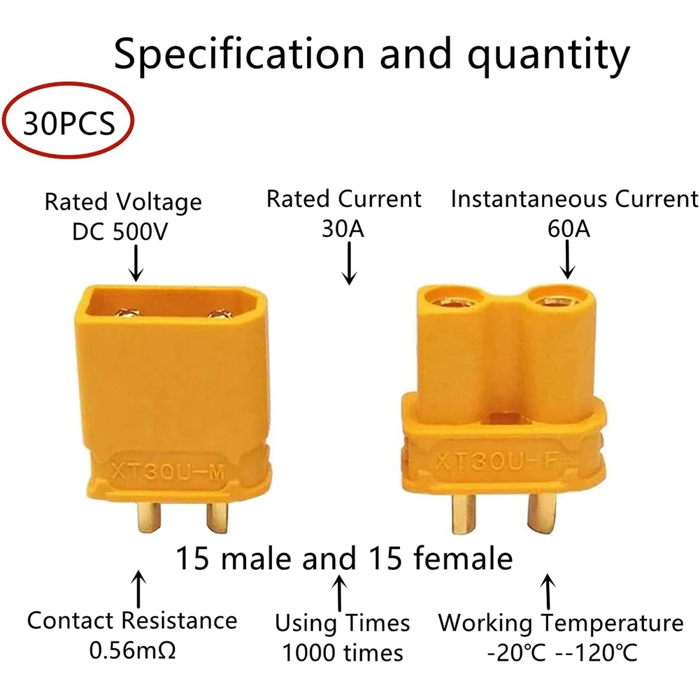 XT30 15 Pairs Male Female Battery Connectors XT30U Male Female Connectors Round Plug Female with Heat Shrink Tube