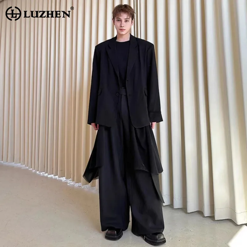LUZHEN Personalized Design Blazer Hemline Splicing 2026 Spring new Coat Men's Stylish Elegant Luxury Solid Color Jacket JY8611