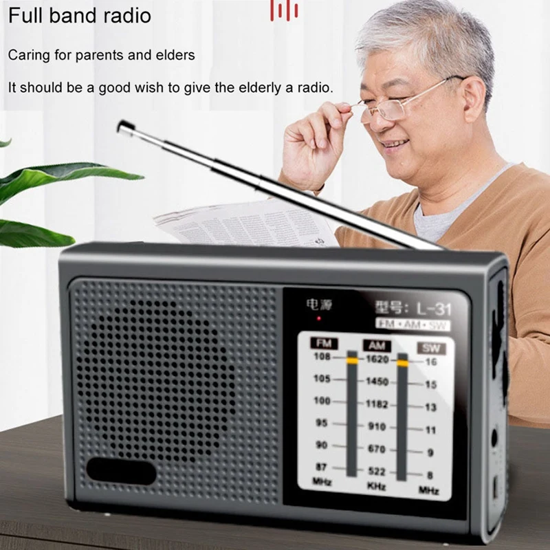 Mini Radio portátil de banda completa, dispositivo de altavoz Retro con antena retráctil, L-31, recargable por USB, FM, AM, SW