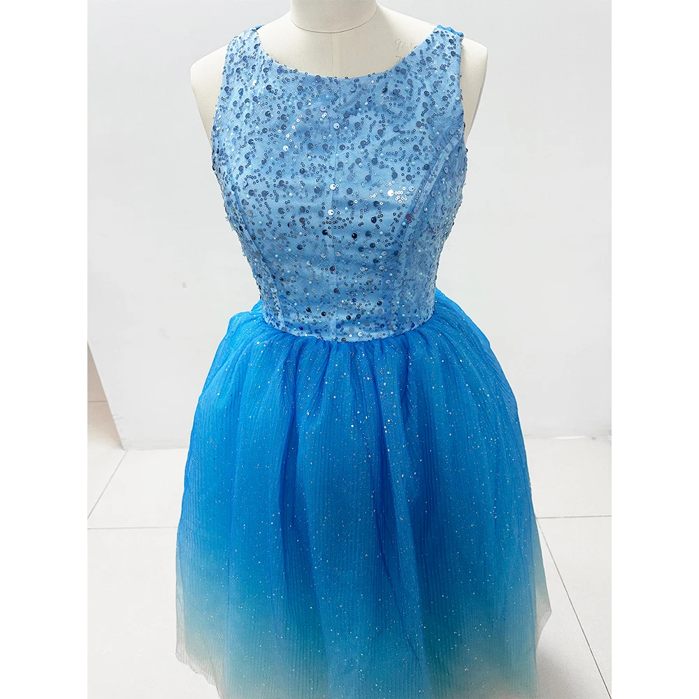 Blauwe gradiëntkleur Avondjurken met lovertjes glanzend O-hals mouwloze baljurken prom Robe Fashion theelengte feestjurken