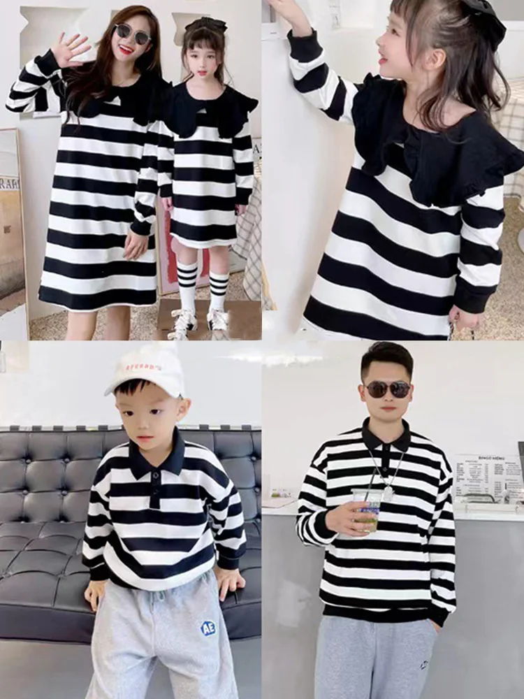 

Baby Parent-child Clothes Autumn Girls Foreign Mother and Daughter Ruffled Striped Parent-child Sweater Korean Dress