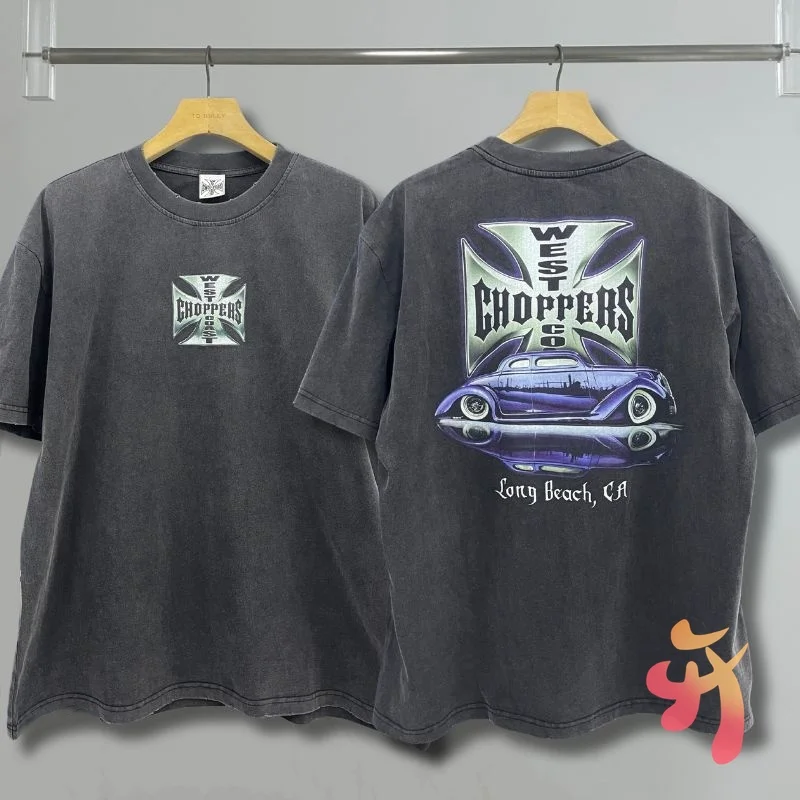 Black Heavyweight Washed Retro West Coast Choppers Tshirt Casual Motorcycle Cross Print Men Women Cotton Round Neck Short Sleeve