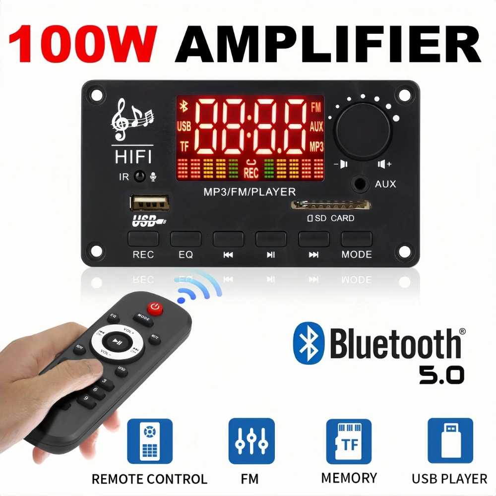 Bluetooth 5.0 scheda di decodifica MP3 2*50W 100W amplificatore lettore Audio 12V lettore MP3 fai da te auto modulo Radio FM TF USB Mic Record Call