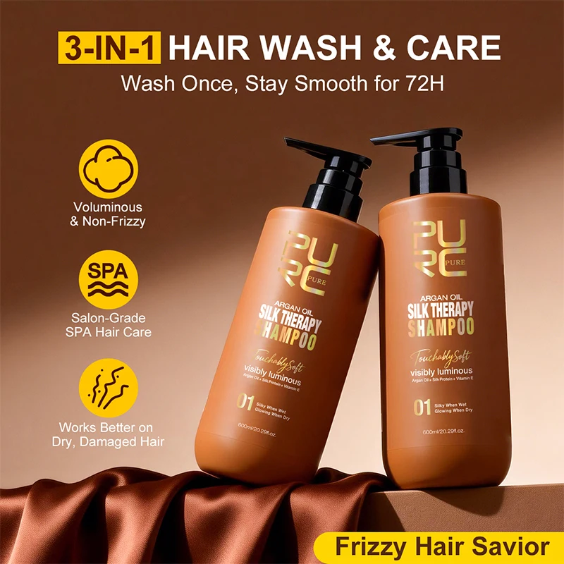 PURC 3-in-1 Silk Therapy Shampoo Argan Oil Keratin Repair Dry Damaged Hair Smoothing Shiny Treatment 600ml