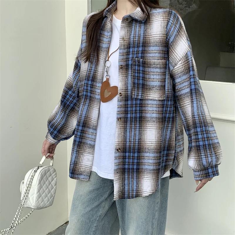 AOSSVIAO 2023 Herbst Winter Neue Casual Shirt Frauen Dicke Wolle Plaid Bluse Lose Lange Ärmeln Tops Lange Shirts