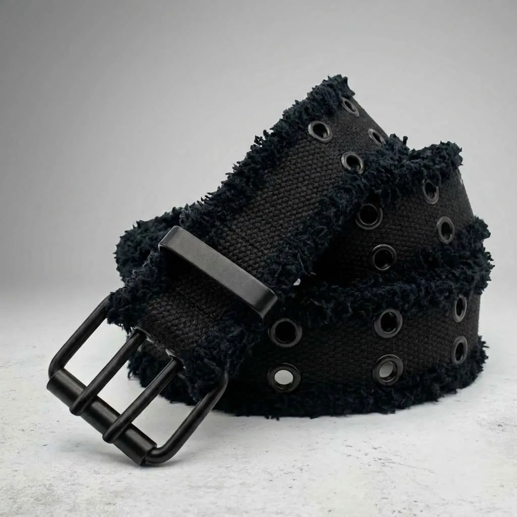 Thyryfy Y2K Gothic Double Grommet Belt Fuzzy Fringe Edge Black Waist Strap Metal Buckle Hip Hop Streetwear For Jeans Pants