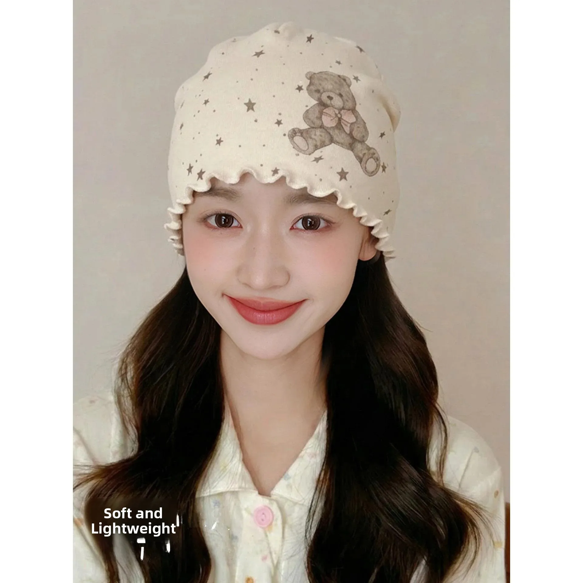 New Women's Moon Hat Thin Breathable Windproof Headband Floral  Large Head Circumference Wrap Head Cap Autumn Season