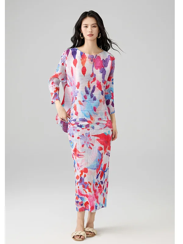 

Модный комплект из футболки с цветочным принтом на одно плечо и юбки, женский летний наряд, юбка миди из полиэфирного волокна