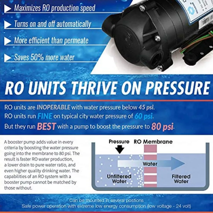 5 مراحل RO مع مضخة معززة للاستخدام المنزلي: 75 GPD نظام ترشيح مياه الشرب بالتناضح العكسي الكامل بكفاءة عالية #2