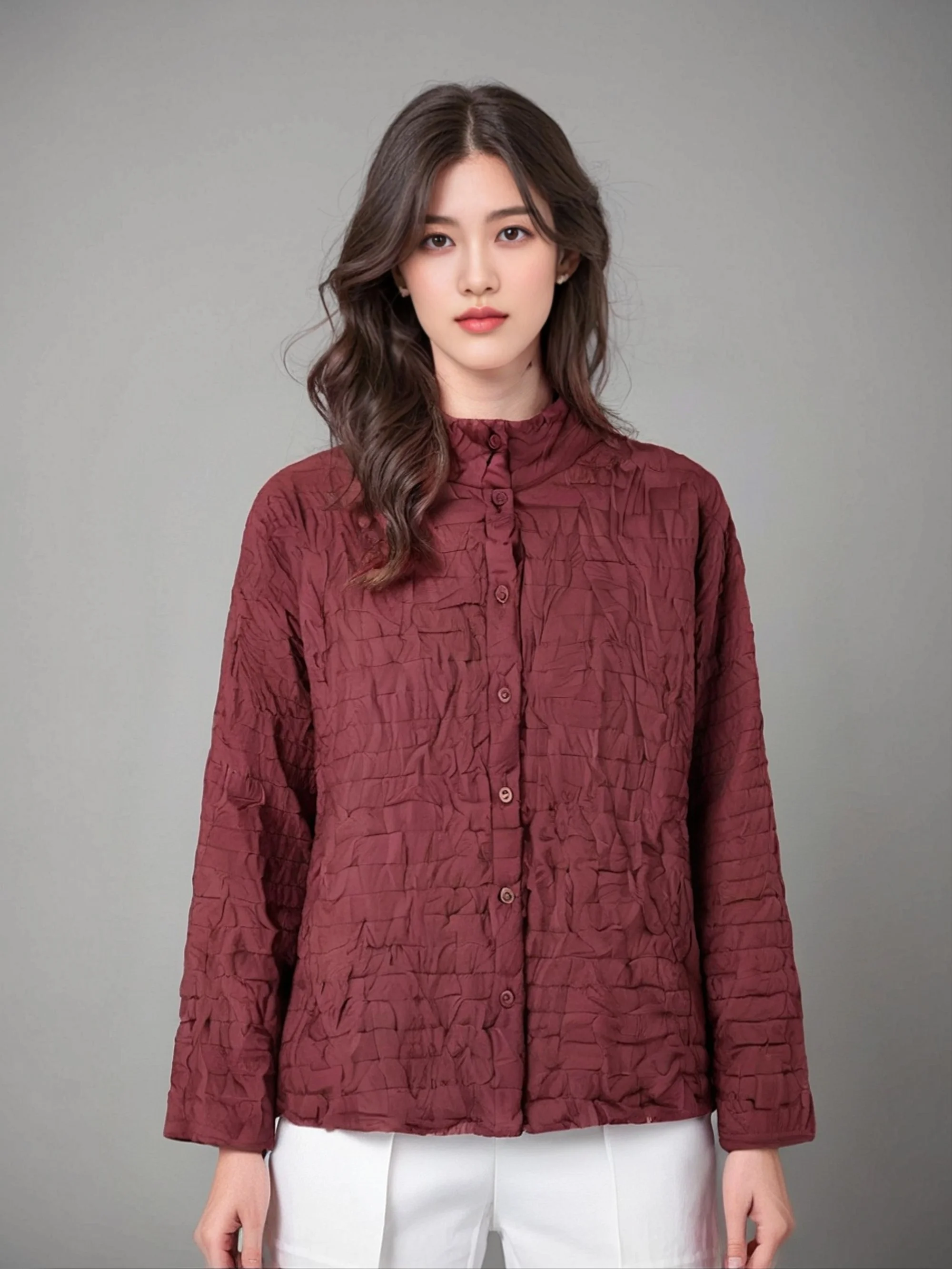 

Miyake Fold 2025 Winter Solid Color Simple Stand Up Collar Single Breasted Cotton Jacket Loose and Slim Versatile Warm Top