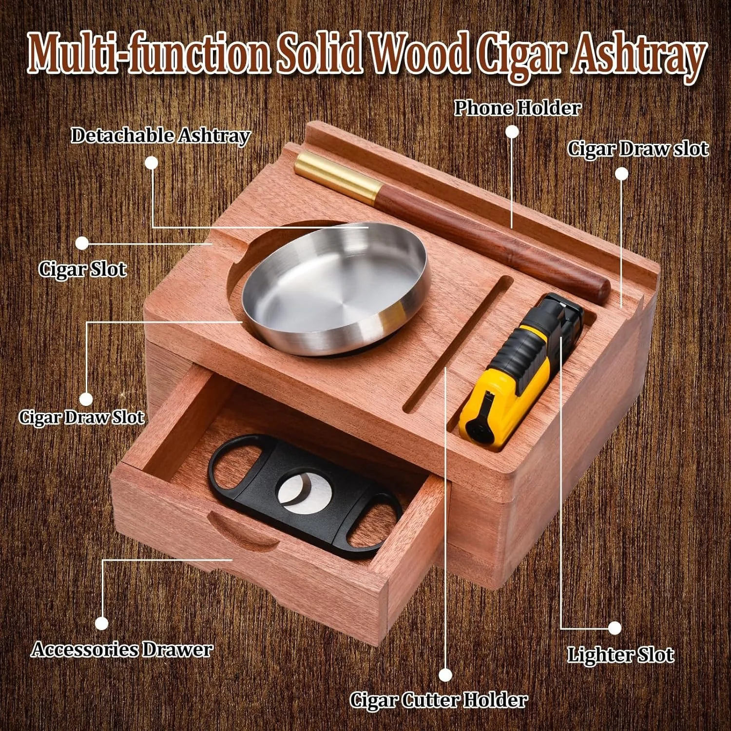 Wooden Luxury Cigar Ashtray  with Cigar Cutter Phone Tablet Holder Square Cigar Holder Accessories Drawer Lighter Slot