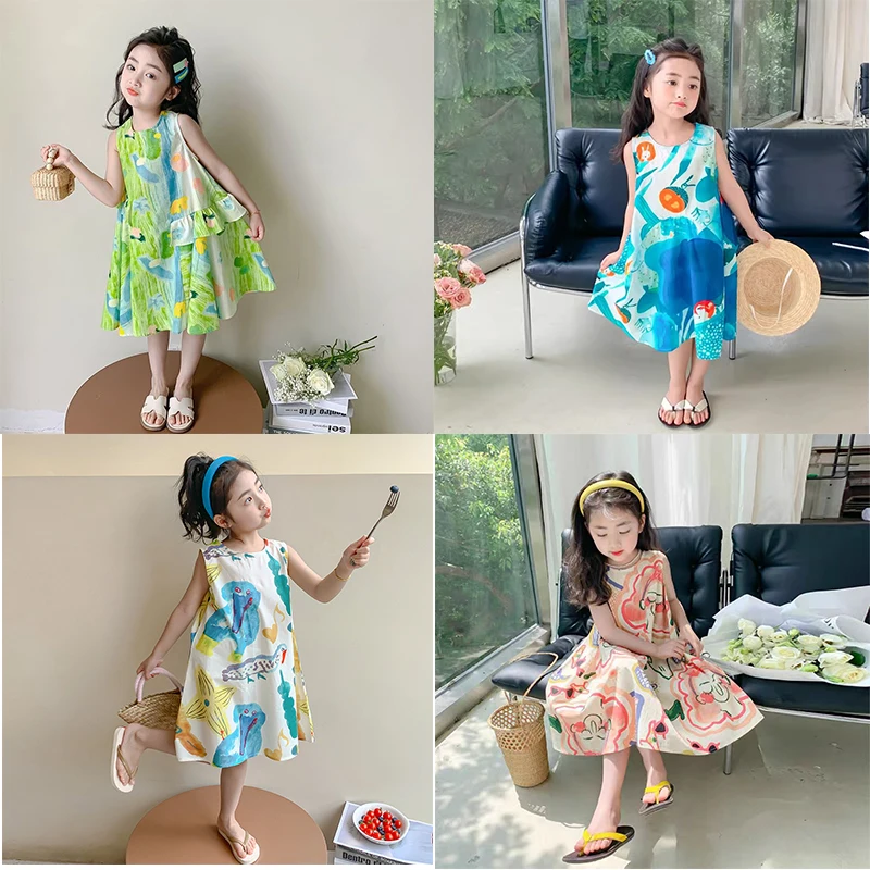 

Girls Summer Dress Baby Girl Sweet Floral A-line Skirt Sleeveless Princess Dresses Kids Flower Printed Beach Outfit Loose Dress
