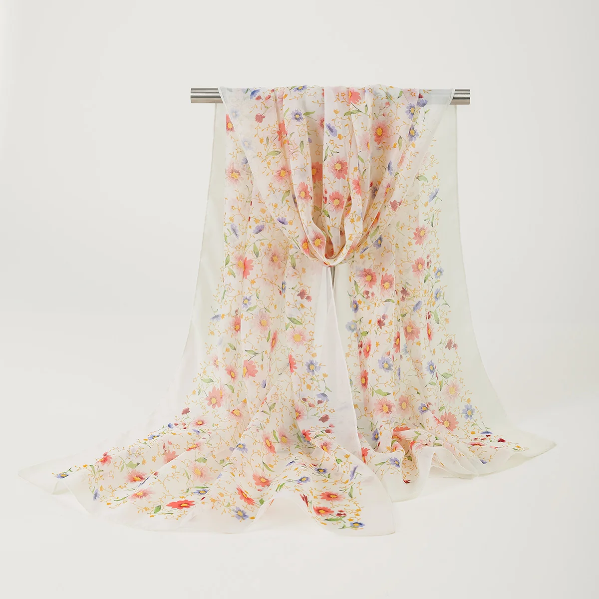 Summer Lightweight Chiffon Silk Scarf Elegant Floral Printed Shawls Travel Beach Sunscreen Towel Fashion Headband Turban