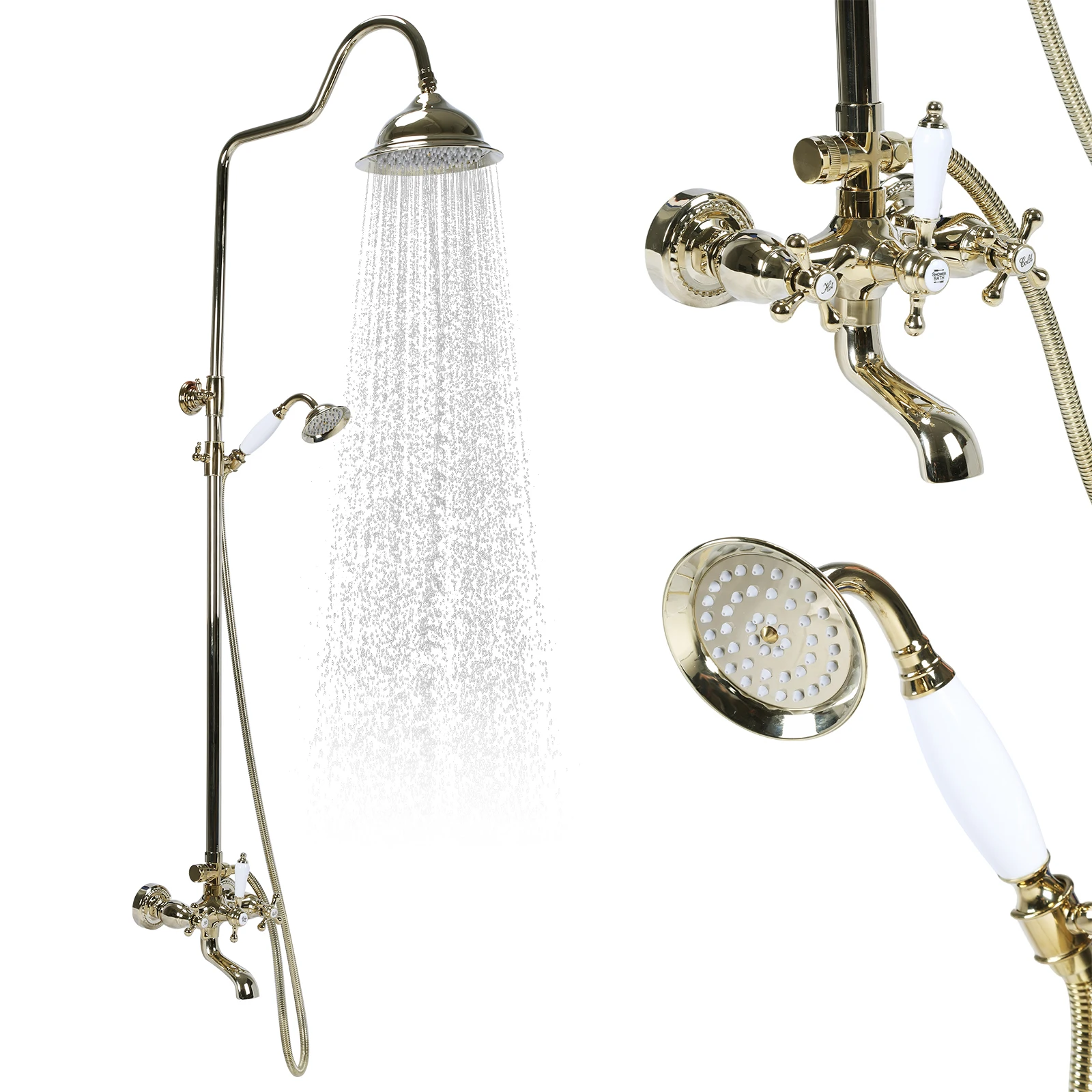 

Vintage Rainfall Showers Faucet with Knobs Mixer Tap Wall Mount Retro Showers Kit Rust Proof for Home Bathroom Hotel SPA
