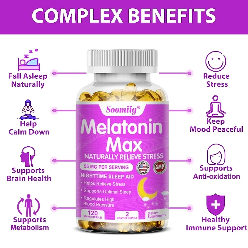 55 Mg Melatonin Capsules - Relieve Stress, Improve Insomnia, Promote Sleep Quality & Deep Sleep, and Help Eye Health