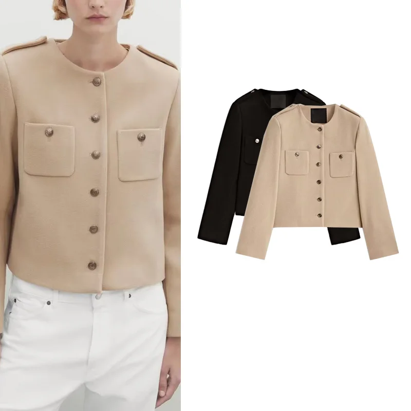 Casual Miniature Fragrance Style Jacket Top Button Decor Short Version round Neck Outerwear Polyester Fiber 100% Regular Length