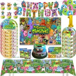 My singing Monsters Theme Birthday Party Decor Disposable Tableware Sets Party Balloon Plates Cups Banners Backdrop Kids Gifts