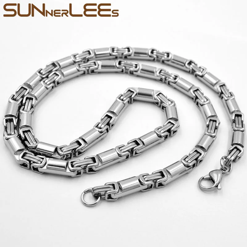 SUNNERLEES Jewelry Stainless Steel Necklace 6mm Geometric Byzantine Link Chain Silver Color Gold Plated Men Women Gift SC136