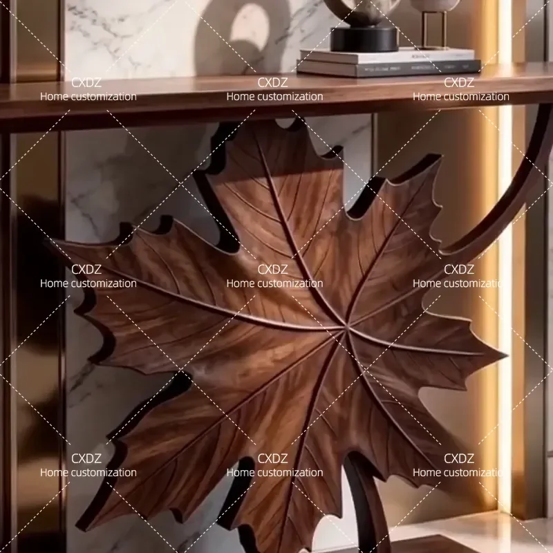 New Chinese Style Black Walnut Entrance Table Maple Leaf Shape Solid Wood Console Table High End Entryway End View Table