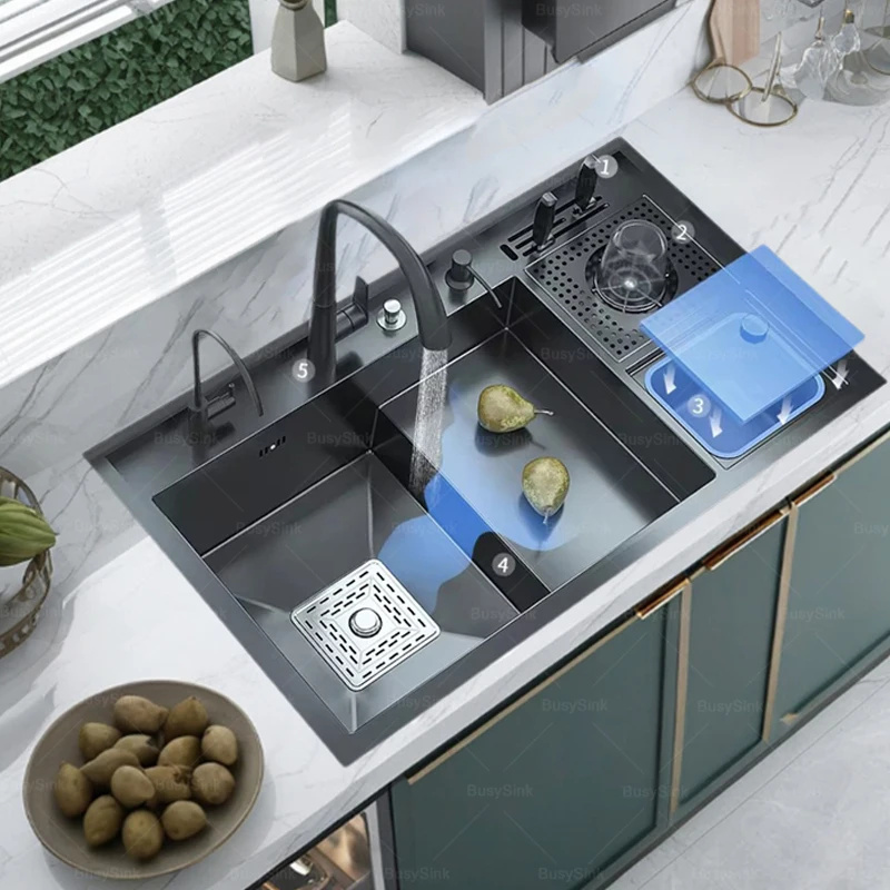 

Stainless Steel Kitchen Sink Stepped Large Single Slot Wash Dish Vegetables Basin Multifunctional With Cup Washer Knife Holder