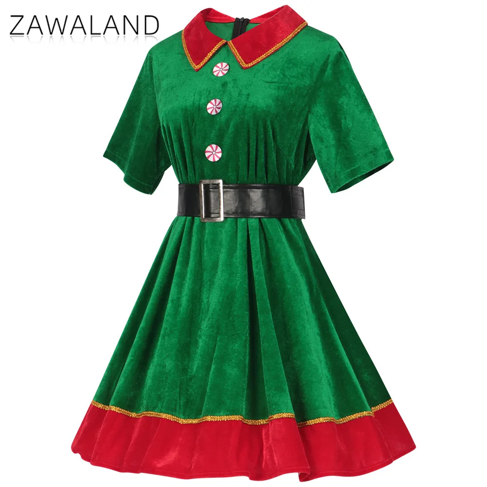 عيد الميلاد قزم تأثيري حلي امرأة الأخضر المخملية ألف خط فستان مع حزام عيد الميلاد مرحلة الأداء فساتين عطلة حفلة الزي #3