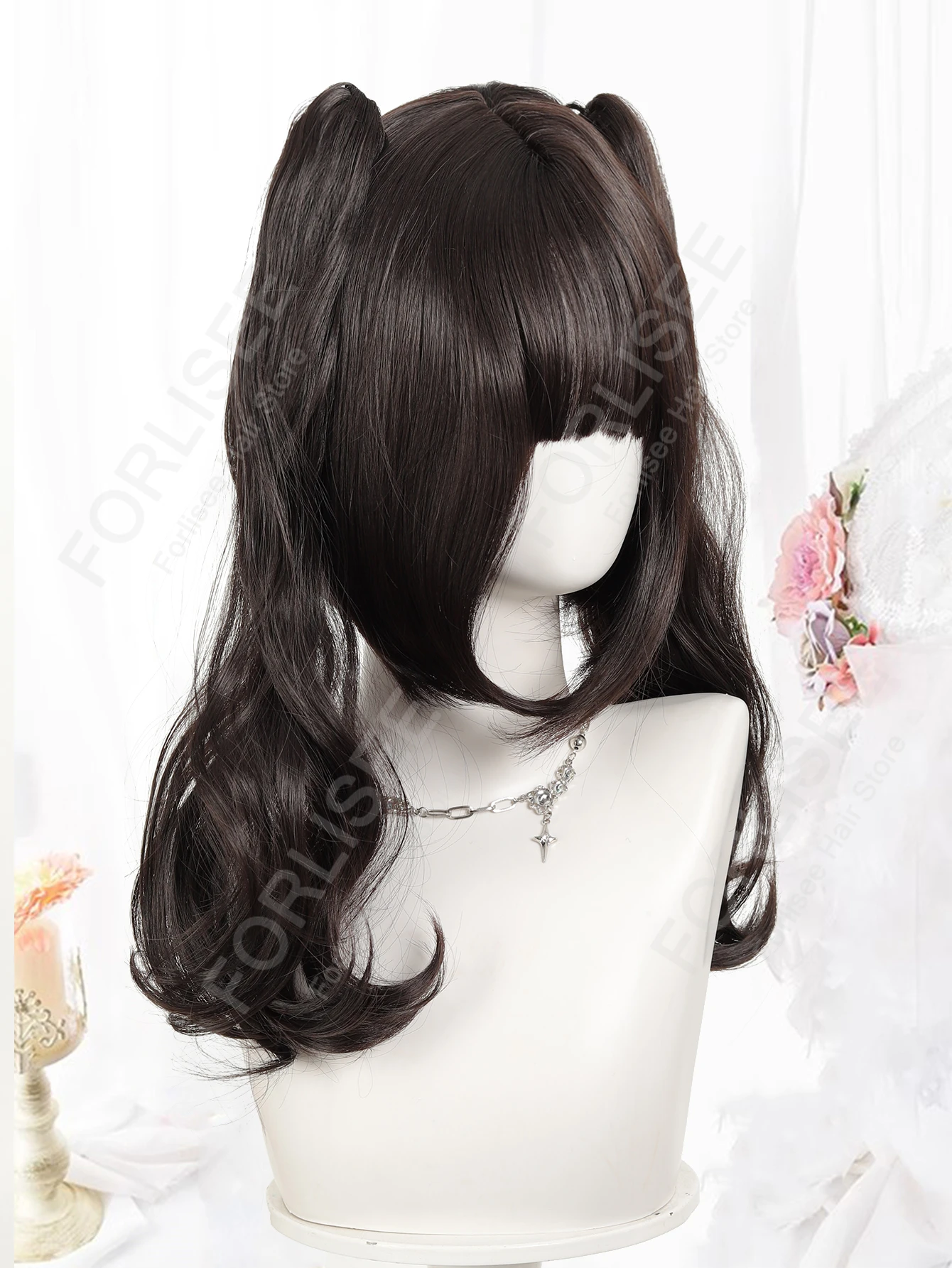 Dubbele paardenstaart Krullend haar Synthetisch Lolita Krullend haar met pony Donkerbruin Anime Pruik Oberl Vrouw Party Cosplay Pruik ﻿ LM
