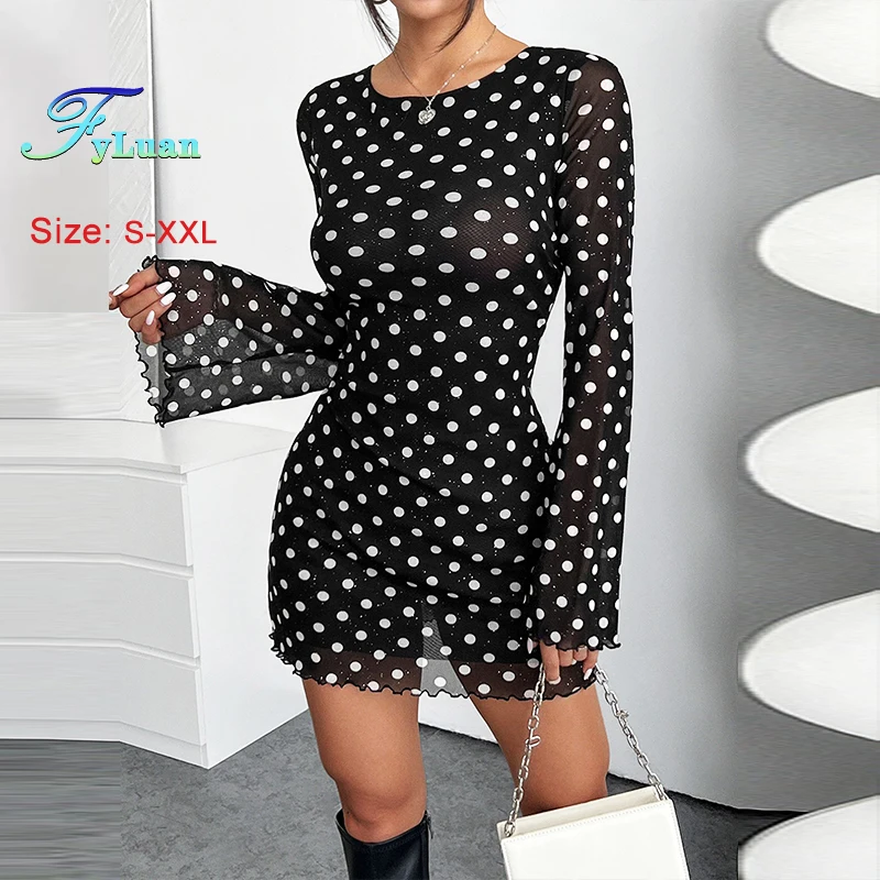 Neue frauen Mini Kleid Elegante Mesh Polka Dot Print Rundhals Paket Hüften Kleid Sexy Backless Langarm Abend prom Kleidung