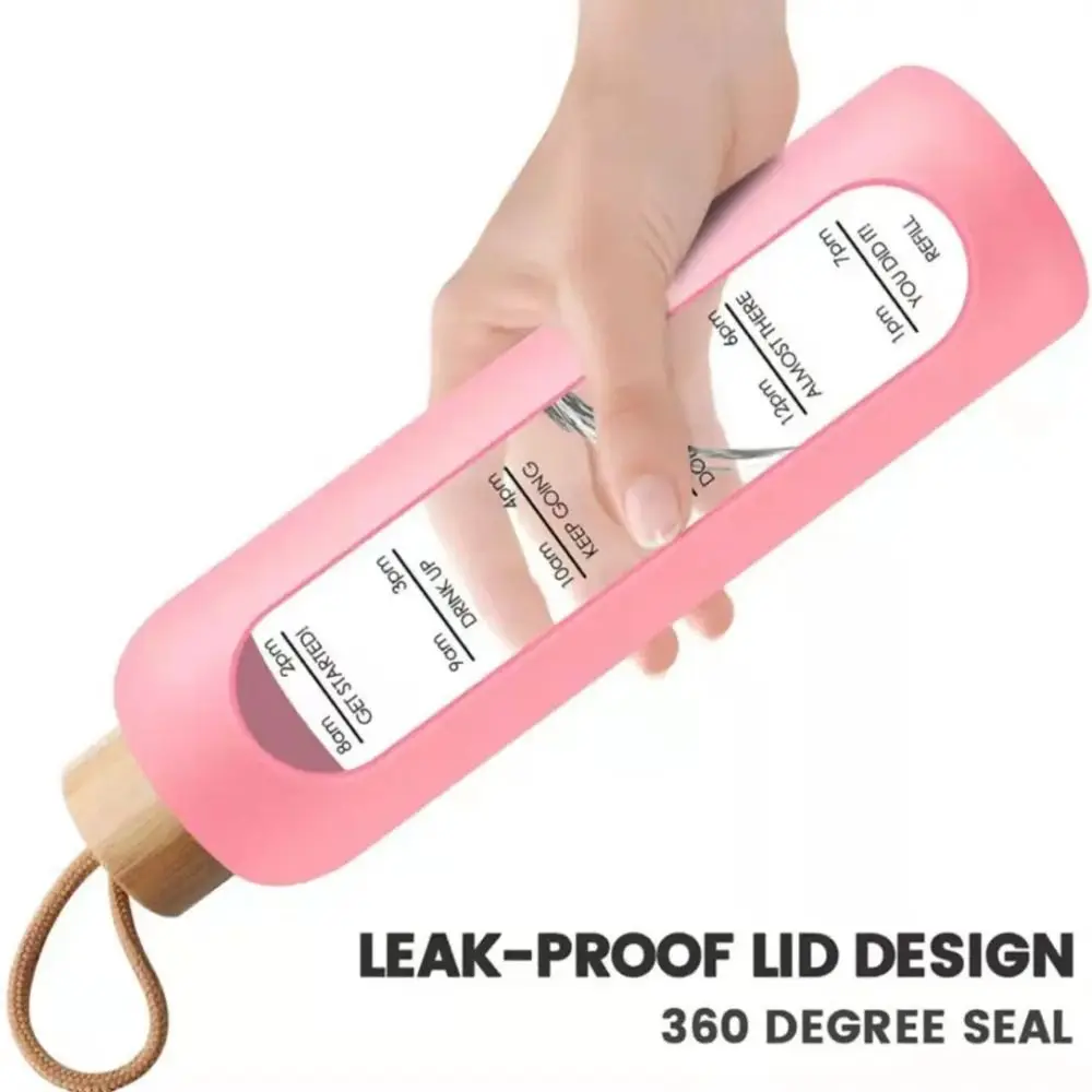 Trendy Time-marked Glass Water Bottles Free of Lead Sport Silicone Sleeve Drink Bottle Bamboo Lid Sports Water Cup