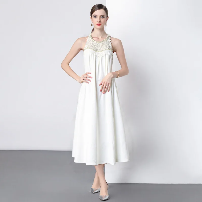 New 2025 Heavy Embellied White Tassel Strapl Dr Summer Thiened mid High Waist Embroidered Fem Costume