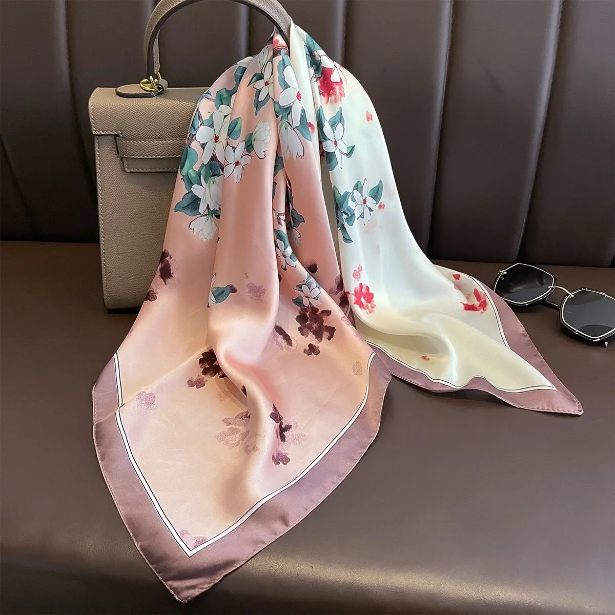 2025 New Imitation Silk Scarf Women Square Neckerchief Foulard Female Hairbands Fashion Floral Bandana